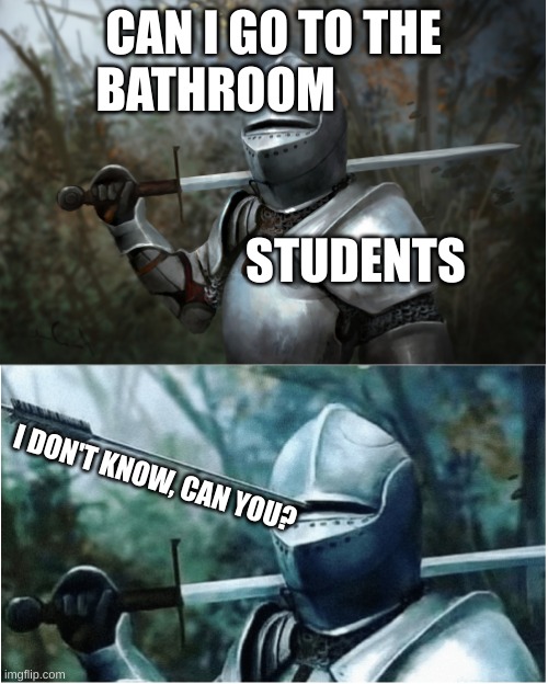 Knight with arrow in helmet | CAN I GO TO THE BATHROOM                                                                        STUDENTS; I DON'T KNOW, CAN YOU? | image tagged in knight with arrow in helmet | made w/ Imgflip meme maker