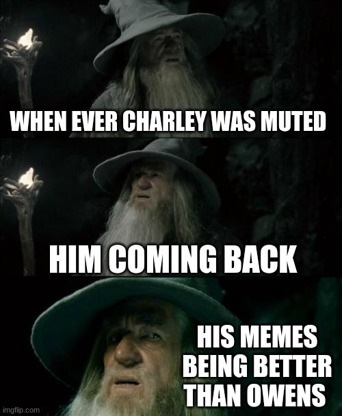 Confused Gandalf | WHEN EVER CHARLEY WAS MUTED; HIM COMING BACK; HIS MEMES BEING BETTER THAN OWENS | image tagged in memes,confused gandalf | made w/ Imgflip meme maker