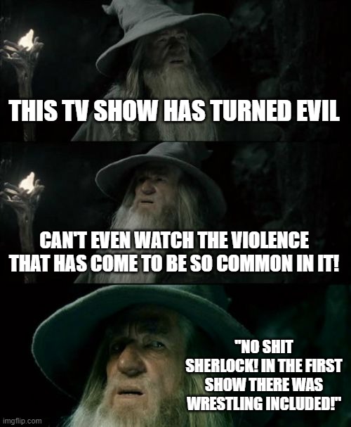 Confused Gandalf Meme | THIS TV SHOW HAS TURNED EVIL; CAN'T EVEN WATCH THE VIOLENCE THAT HAS COME TO BE SO COMMON IN IT! "NO SHIT SHERLOCK! IN THE FIRST SHOW THERE WAS WRESTLING INCLUDED!" | image tagged in memes,confused gandalf | made w/ Imgflip meme maker