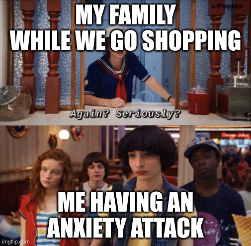 again? seriously? |  MY FAMILY WHILE WE GO SHOPPING; ME HAVING AN ANXIETY ATTACK | image tagged in again seriously | made w/ Imgflip meme maker