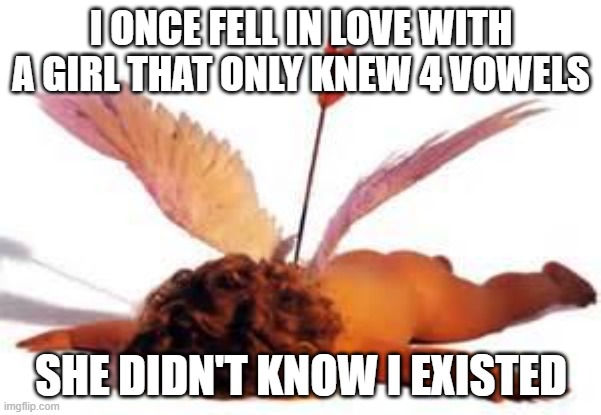 Valentine's Day | I ONCE FELL IN LOVE WITH A GIRL THAT ONLY KNEW 4 VOWELS; SHE DIDN'T KNOW I EXISTED | image tagged in cupid | made w/ Imgflip meme maker