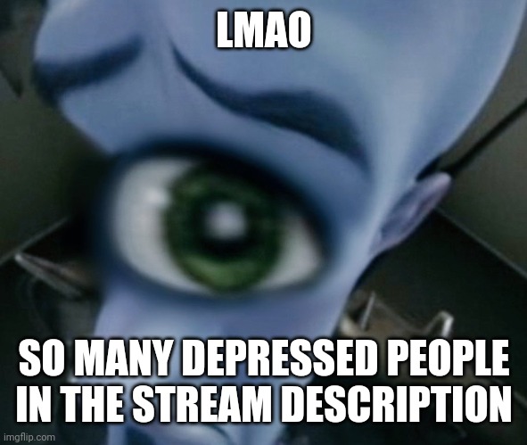 "no bitches?" | LMAO; SO MANY DEPRESSED PEOPLE IN THE STREAM DESCRIPTION | image tagged in one eyed megamind | made w/ Imgflip meme maker