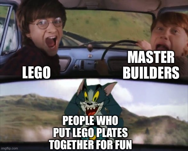 Tom chasing Harry and Ron Weasly | MASTER BUILDERS; LEGO; PEOPLE WHO PUT LEGO PLATES TOGETHER FOR FUN | image tagged in tom chasing harry and ron weasly,lego | made w/ Imgflip meme maker