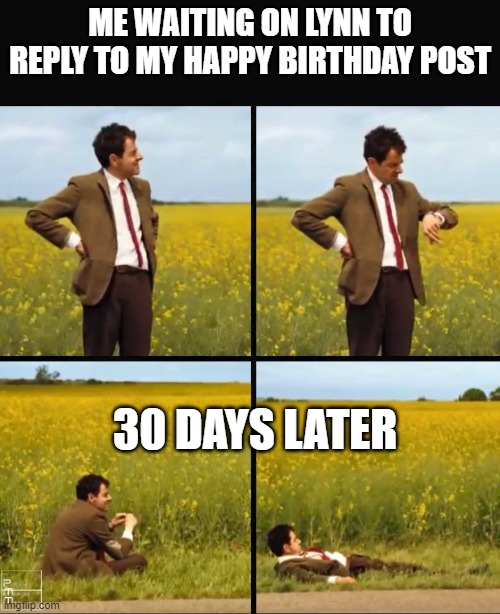 Mr bean waiting | ME WAITING ON LYNN TO REPLY TO MY HAPPY BIRTHDAY POST; 30 DAYS LATER | image tagged in mr bean waiting | made w/ Imgflip meme maker