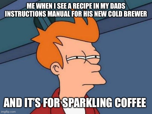 Lol | ME WHEN I SEE A RECIPE IN MY DADS INSTRUCTIONS MANUAL FOR HIS NEW COLD BREWER; AND IT’S FOR SPARKLING COFFEE | image tagged in memes,futurama fry | made w/ Imgflip meme maker