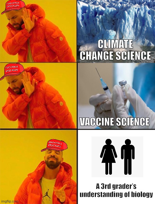 The Republican war on science | CLIMATE CHANGE SCIENCE; VACCINE SCIENCE; A 3rd grader’s understanding of biology | image tagged in drake meme 3 panels,republicans,conservative logic,vaccines,transphobic,climate change | made w/ Imgflip meme maker