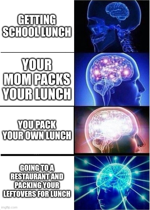 Expanding Brain | GETTING SCHOOL LUNCH; YOUR MOM PACKS YOUR LUNCH; YOU PACK YOUR OWN LUNCH; GOING TO A RESTAURANT AND PACKING YOUR LEFTOVERS FOR LUNCH | image tagged in memes,expanding brain | made w/ Imgflip meme maker