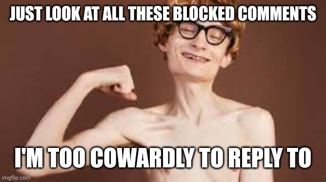 Weakling | JUST LOOK AT ALL THESE BLOCKED COMMENTS I'M TOO COWARDLY TO REPLY TO | image tagged in weakling | made w/ Imgflip meme maker