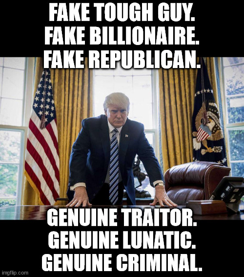 fake tough guy | FAKE TOUGH GUY.
FAKE BILLIONAIRE.
FAKE REPUBLICAN. GENUINE TRAITOR.
GENUINE LUNATIC.
GENUINE CRIMINAL. | image tagged in fake tough guy | made w/ Imgflip meme maker