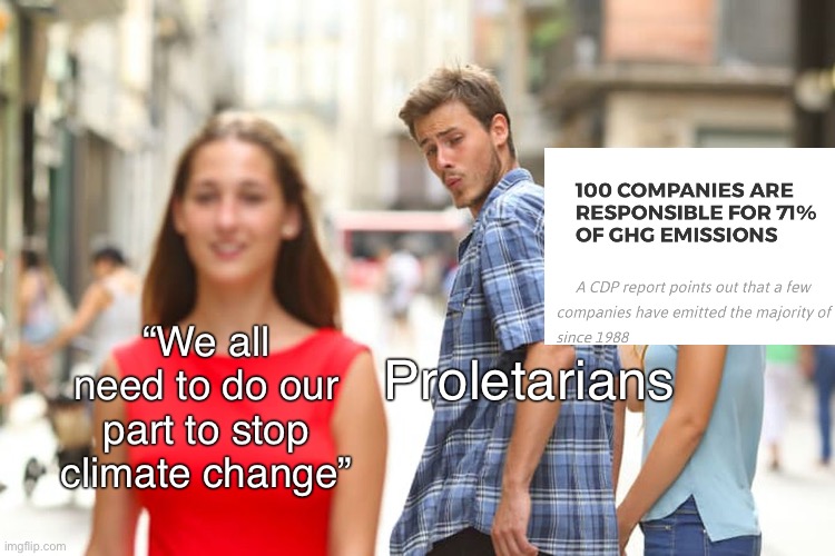 Fight the real enemy | “We all need to do our part to stop climate change”; Proletarians | image tagged in memes,distracted boyfriend,anti-capitalist,capitalism,climate change,global warming | made w/ Imgflip meme maker