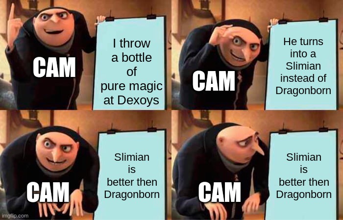 D&D Pranks | I throw a bottle of pure magic at Dexoys; He turns into a Slimian instead of Dragonborn; CAM; CAM; Slimian is better then Dragonborn; Slimian is better then Dragonborn; CAM; CAM | image tagged in memes,gru's plan | made w/ Imgflip meme maker