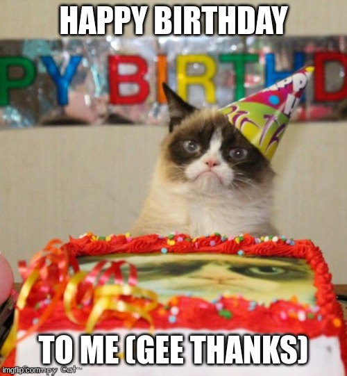 Its my birthday |  HAPPY BIRTHDAY; TO ME (GEE THANKS) | image tagged in memes,grumpy cat birthday,grumpy cat | made w/ Imgflip meme maker