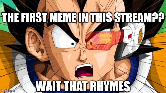 Vegeta | THE FIRST MEME IN THIS STREAM?? WAIT THAT RHYMES | image tagged in vegeta | made w/ Imgflip meme maker