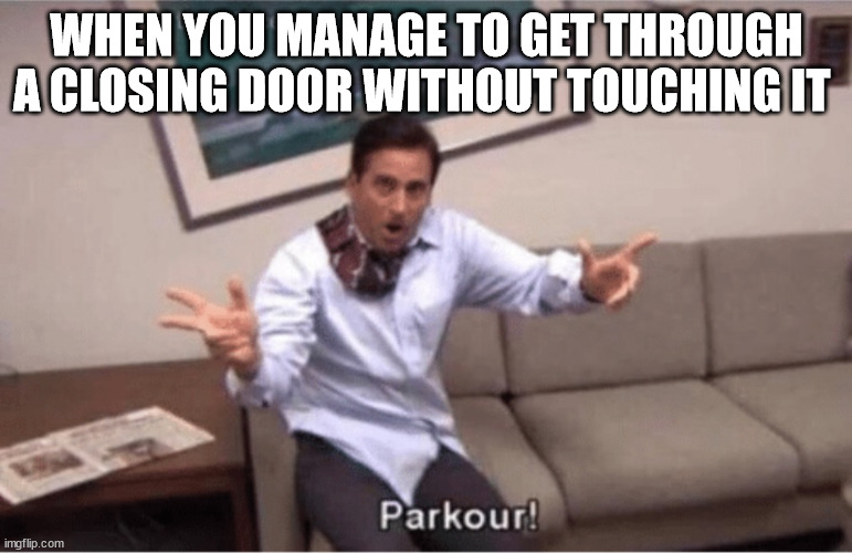 parkour! | WHEN YOU MANAGE TO GET THROUGH A CLOSING DOOR WITHOUT TOUCHING IT | image tagged in parkour | made w/ Imgflip meme maker