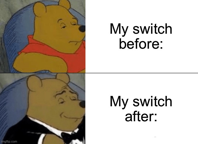 My switch is lit | My switch before:; My switch after: | image tagged in memes,tuxedo winnie the pooh | made w/ Imgflip meme maker