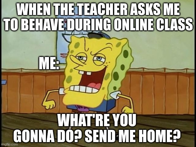 Spongebob Hall Monitor | WHEN THE TEACHER ASKS ME TO BEHAVE DURING ONLINE CLASS; ME:; WHAT'RE YOU GONNA DO? SEND ME HOME? | image tagged in spongebob hall monitor | made w/ Imgflip meme maker