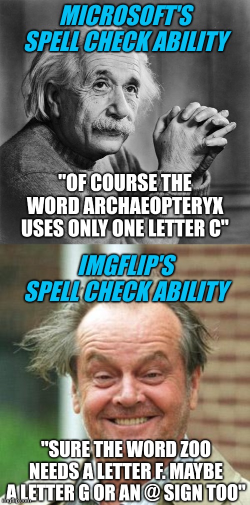 Come on imgflip. You're spell checker is so weird, it suggests non-existent or misspelled words all the time! | MICROSOFT'S SPELL CHECK ABILITY; "OF COURSE THE WORD ARCHAEOPTERYX USES ONLY ONE LETTER C"; IMGFLIP'S SPELL CHECK ABILITY; "SURE THE WORD ZOO NEEDS A LETTER F. MAYBE A LETTER G OR AN @ SIGN TOO" | image tagged in einstein,jack nicholson crazy hair,spelling error,imgflip | made w/ Imgflip meme maker