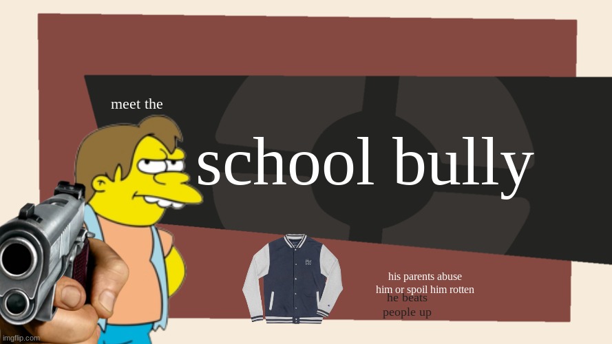 school bully. | school bully; meet the; his parents abuse him or spoil him rotten; he beats people up | image tagged in meet the blank | made w/ Imgflip meme maker