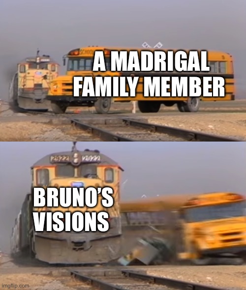 Encanto in a nutshell | A MADRIGAL FAMILY MEMBER; BRUNO’S VISIONS | image tagged in a train hitting a school bus | made w/ Imgflip meme maker