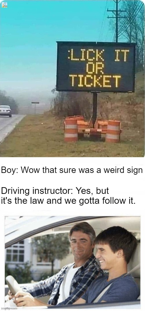 Boy: Wow that sure was a weird sign; Driving instructor: Yes, but it's the law and we gotta follow it. | image tagged in why is my sister's name rose | made w/ Imgflip meme maker