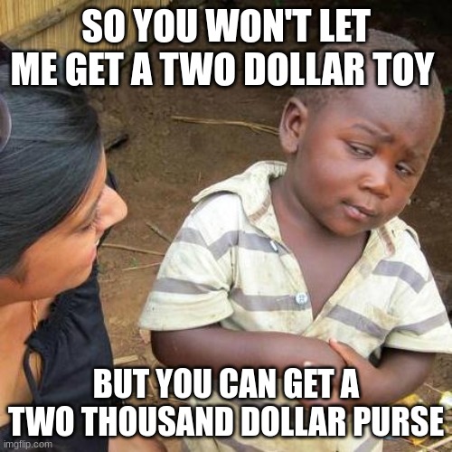 Third World Skeptical Kid Meme | SO YOU WON'T LET ME GET A TWO DOLLAR TOY; BUT YOU CAN GET A TWO THOUSAND DOLLAR PURSE | image tagged in memes,third world skeptical kid | made w/ Imgflip meme maker