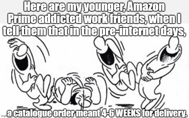 Times have changed |  Here are my younger, Amazon Prime addicted work friends, when I tell them that in the pre-internet days, a catalogue order meant 4-6 WEEKS for delivery. | image tagged in amazon,funny meme | made w/ Imgflip meme maker