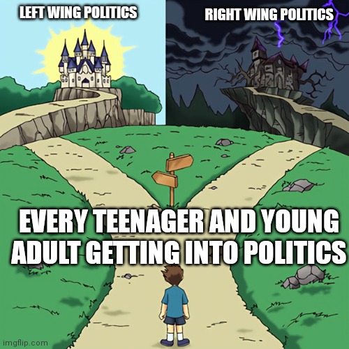 The journey to politicalhood | LEFT WING POLITICS; RIGHT WING POLITICS; EVERY TEENAGER AND YOUNG ADULT GETTING INTO POLITICS | image tagged in two castles,memes,politics,political meme | made w/ Imgflip meme maker