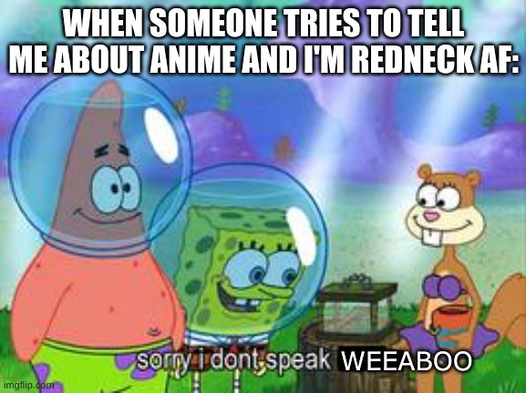 Sorry I don't speak ____ | WHEN SOMEONE TRIES TO TELL ME ABOUT ANIME AND I'M REDNECK AF:; WEEABOO | image tagged in sorry i don't speak ____ | made w/ Imgflip meme maker