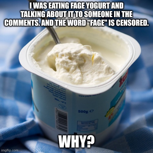 Yogurt | I WAS EATING FAGE YOGURT AND TALKING ABOUT IT TO SOMEONE IN THE COMMENTS. AND THE WORD "FAGE" IS CENSORED. WHY? | image tagged in yogurt | made w/ Imgflip meme maker