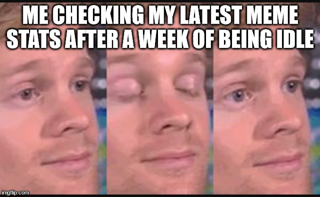 Blinking guy | ME CHECKING MY LATEST MEME STATS AFTER A WEEK OF BEING IDLE | image tagged in blinking guy | made w/ Imgflip meme maker