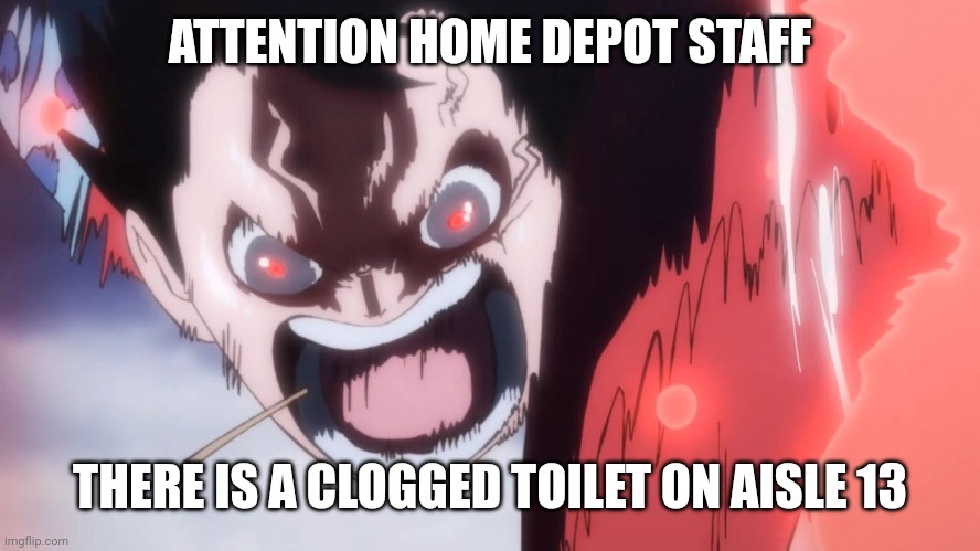 Luffy screaming | ATTENTION HOME DEPOT STAFF THERE IS A CLOGGED TOILET ON AISLE 13 | image tagged in luffy screaming | made w/ Imgflip meme maker