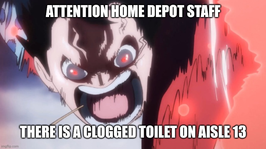 . | ATTENTION HOME DEPOT STAFF; THERE IS A CLOGGED TOILET ON AISLE 13 | image tagged in luffy screaming | made w/ Imgflip meme maker