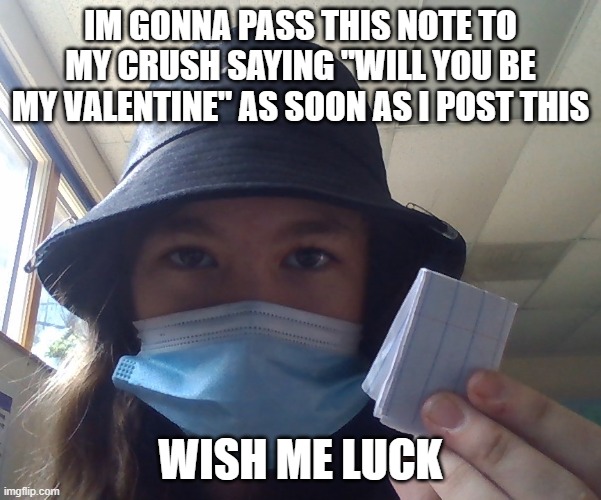 I'm nervous af | IM GONNA PASS THIS NOTE TO MY CRUSH SAYING "WILL YOU BE MY VALENTINE" AS SOON AS I POST THIS; WISH ME LUCK | made w/ Imgflip meme maker