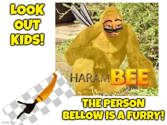 furry | LOOK OUT KIDS! THE PERSON BELLOW IS A FURRY! | image tagged in hehehe | made w/ Imgflip meme maker