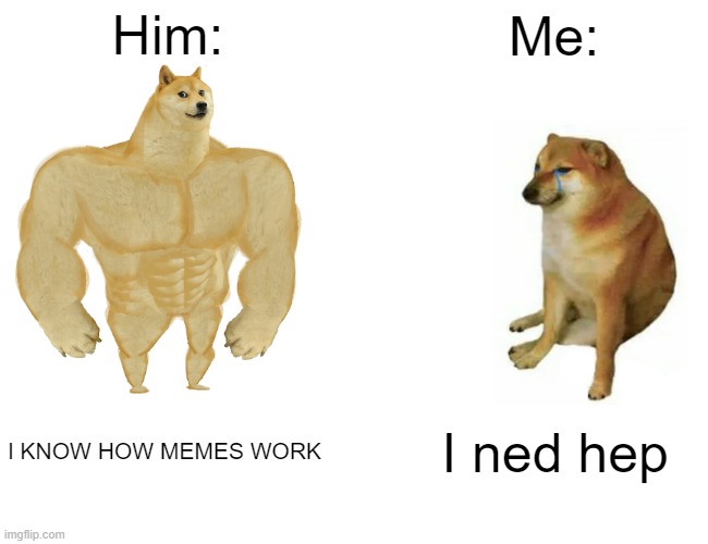 Him: Me: I KNOW HOW MEMES WORK I ned hep | image tagged in memes,buff doge vs cheems | made w/ Imgflip meme maker