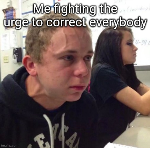 The struggle is real | Me fighting the urge to correct everybody | image tagged in boy with veins popping out,memes,funny | made w/ Imgflip meme maker