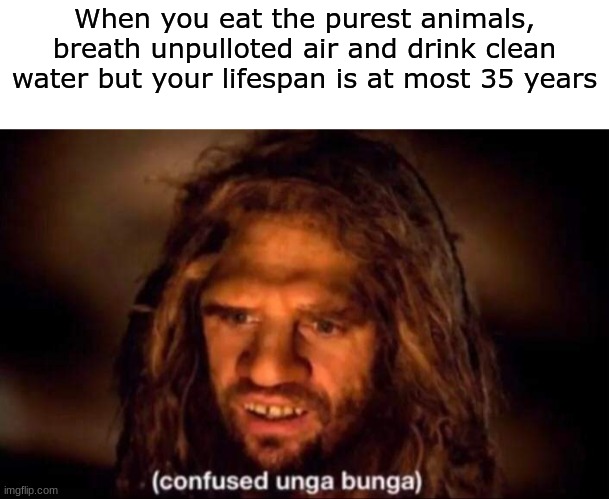 kaveman kudo | When you eat the purest animals, breath unpulloted air and drink clean water but your lifespan is at most 35 years | image tagged in confused unga bunga | made w/ Imgflip meme maker