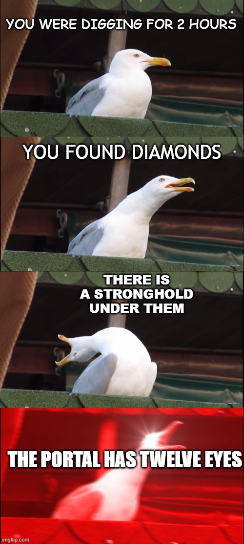 my best meme yet | YOU WERE DIGGING FOR 2 HOURS; YOU FOUND DIAMONDS; THERE IS A STRONGHOLD UNDER THEM; THE PORTAL HAS TWELVE EYES | image tagged in memes,inhaling seagull | made w/ Imgflip meme maker