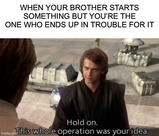WHEN YOUR BROTHER STARTS SOMETHING BUT YOU’RE THE ONE WHO ENDS UP IN TROUBLE FOR IT | image tagged in blank white template,hold on this whole operation was your idea | made w/ Imgflip meme maker