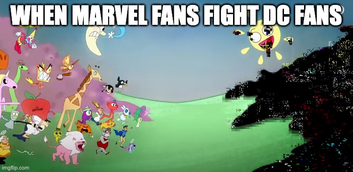 Pibby Fighting The Glitch |  WHEN MARVEL FANS FIGHT DC FANS | image tagged in pibby fighting the glitch | made w/ Imgflip meme maker