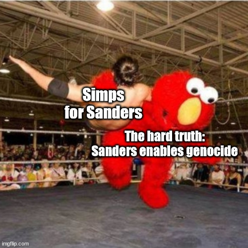 Let's not uncritically idolize the man | Simps for Sanders; The hard truth: Sanders enables genocide | image tagged in elmo wrestling,genocide,bernie sanders | made w/ Imgflip meme maker