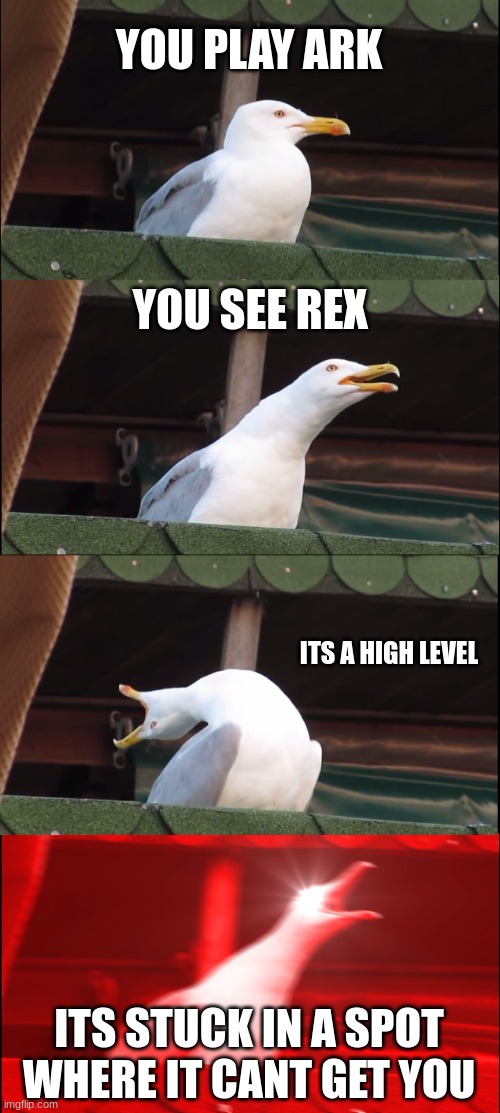 ark gaming | YOU PLAY ARK; YOU SEE REX; ITS A HIGH LEVEL; ITS STUCK IN A SPOT WHERE IT CANT GET YOU | image tagged in memes,inhaling seagull,ark survival evolved | made w/ Imgflip meme maker