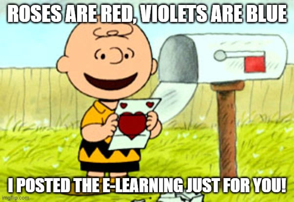 Charlie Brown Valentine  | ROSES ARE RED, VIOLETS ARE BLUE; I POSTED THE E-LEARNING JUST FOR YOU! | image tagged in charlie brown valentine | made w/ Imgflip meme maker