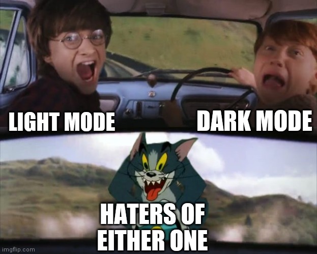 My eyes not yours | DARK MODE; LIGHT MODE; HATERS OF EITHER ONE | image tagged in tom chasing harry and ron weasly | made w/ Imgflip meme maker