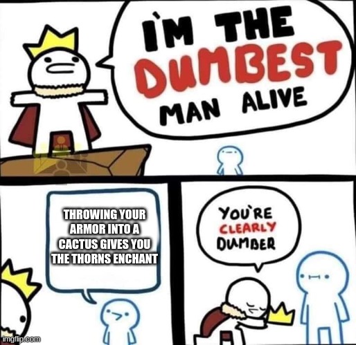 Dumbest Man Alive Blank | THROWING YOUR ARMOR INTO A CACTUS GIVES YOU THE THORNS ENCHANT | image tagged in dumbest man alive blank | made w/ Imgflip meme maker