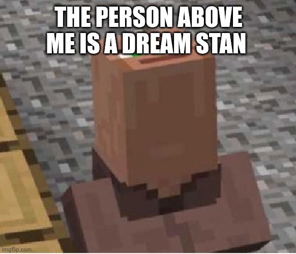 Minecraft Villager Looking Up | THE PERSON ABOVE ME IS A DREAM STAN | image tagged in minecraft villager looking up | made w/ Imgflip meme maker