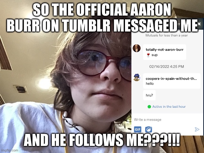 SO THE OFFICIAL AARON BURR ON TUMBLR MESSAGED ME; AND HE FOLLOWS ME???!!! | made w/ Imgflip meme maker