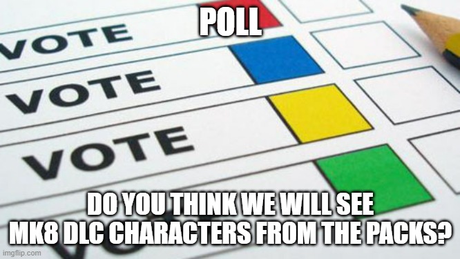 Be cool if you play them to unlock them and 6 (maybe 12) new characters return | POLL; DO YOU THINK WE WILL SEE MK8 DLC CHARACTERS FROM THE PACKS? | image tagged in political poll | made w/ Imgflip meme maker