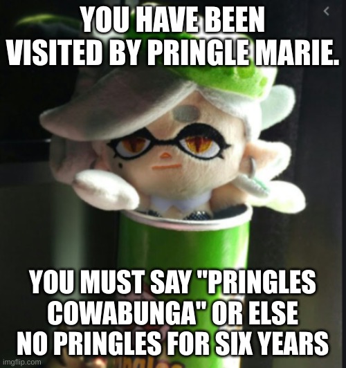 Marie pringles | YOU HAVE BEEN VISITED BY PRINGLE MARIE. YOU MUST SAY "PRINGLES COWABUNGA" OR ELSE NO PRINGLES FOR SIX YEARS | image tagged in marie pringles | made w/ Imgflip meme maker