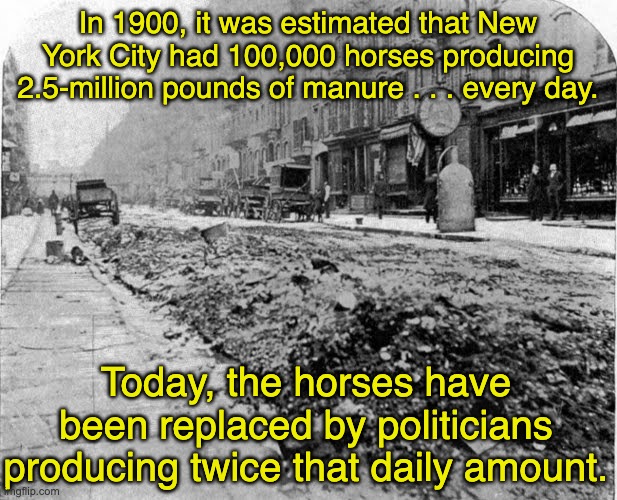 We are neck deep in it ... and it keeps getting deeper. | In 1900, it was estimated that New York City had 100,000 horses producing 2.5-million pounds of manure . . . every day. Today, the horses have been replaced by politicians producing twice that daily amount. | image tagged in horse manure nyc circa 1894,politicians | made w/ Imgflip meme maker